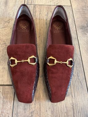 Vince Camuto Burgundy Suede & Croc-Trim Loafers with Gold Horsebit